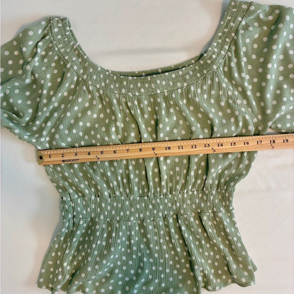 Hippie Rose Top XL Green Polka Dot Peasant  Boho Smocked Babydoll Cottagecore - Picture 10 of 11